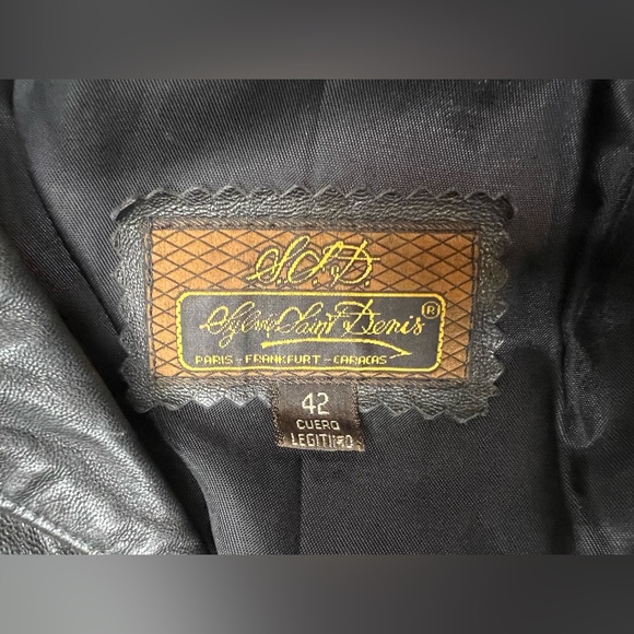 Vintage Womens Black Leather Jacket Puff Sleeve Padded Shoulder Saint Denis L 10 - Picture 9 of 9